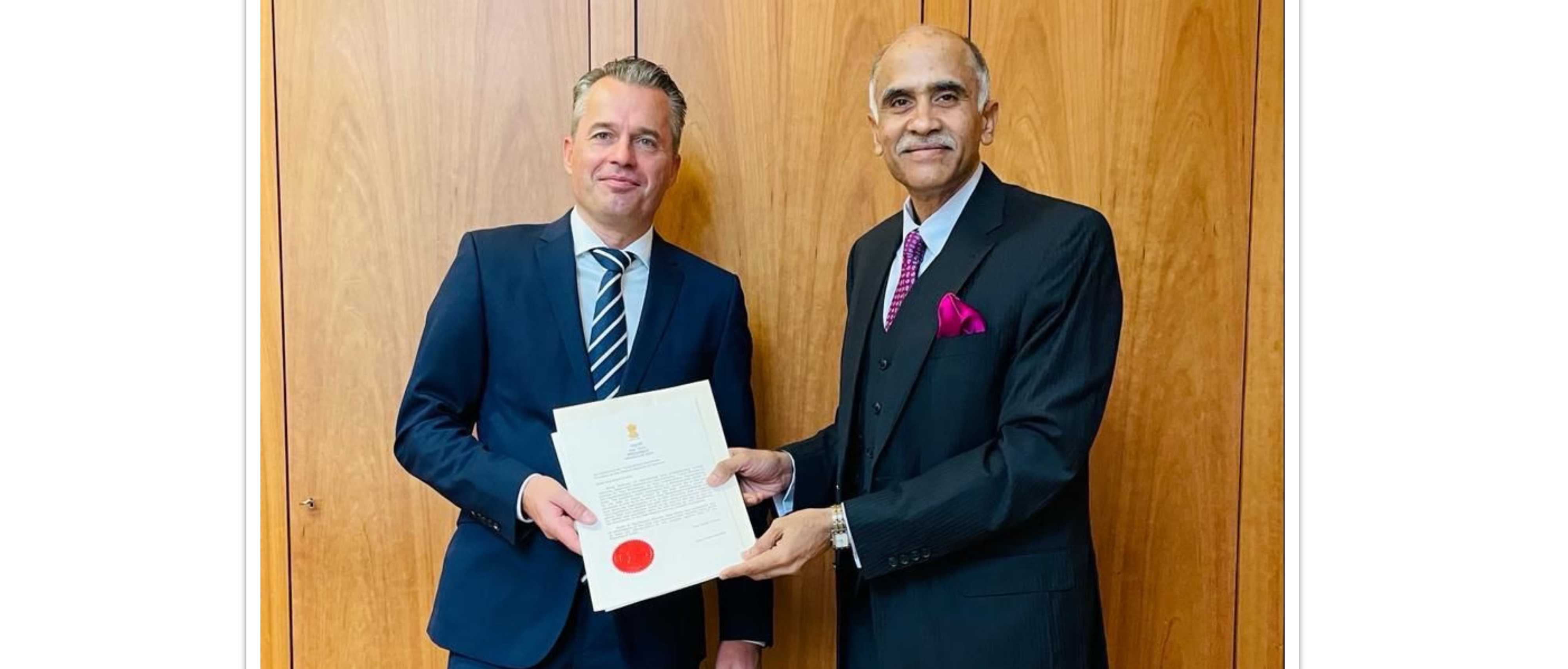  Ambassador-designate P. Harish presents a copy of the Letter of Credence to acting Chief of Protocol Felix Schwarz at the German Foreign Office