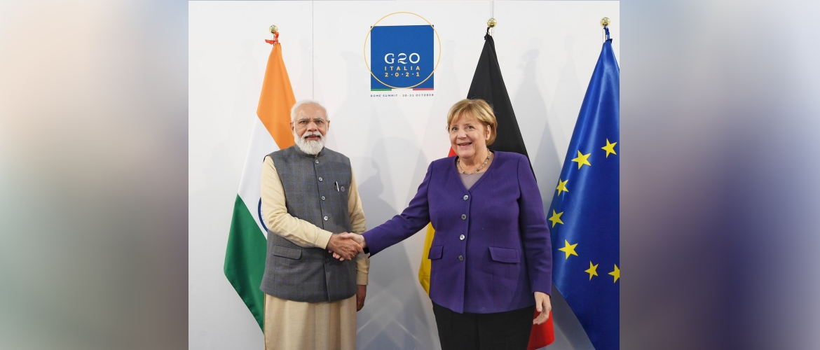  Prime Minister Narendra Modi with Former Chancellor Angela Merkel at the G20 Summit 2021 in Rome.