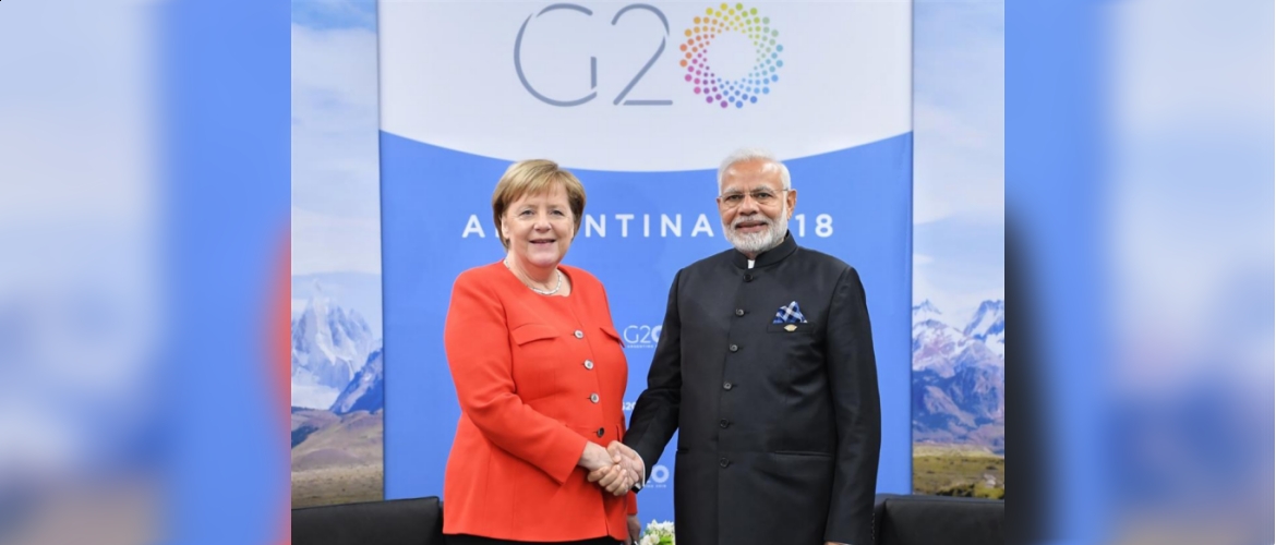  PM Modi and Chancellor Merkel meet on the sidelines of G20 summit in Buenos Aires, Argentina on December 1, 2018.