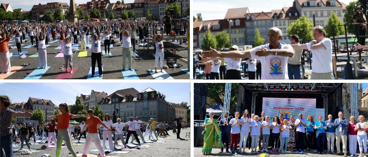  Celebrations of the 8th International Day of Yoga at the iconic Domplatz in the city of Erfurt, Thuringia on 21 June, 2022