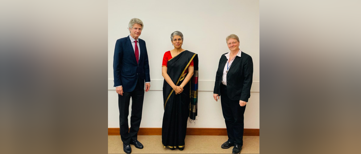  DCM Ms. Rachita Bhandari with Dr. Jasper Wieck, Deputy Director General for South Asia and Indo-Pacific Policy and Special Representative for Afghanistan and Pakistan, and Ms. Sabine Seidler, Head of South Asia Division,<br> German Foreign Office, on 19 October 2021