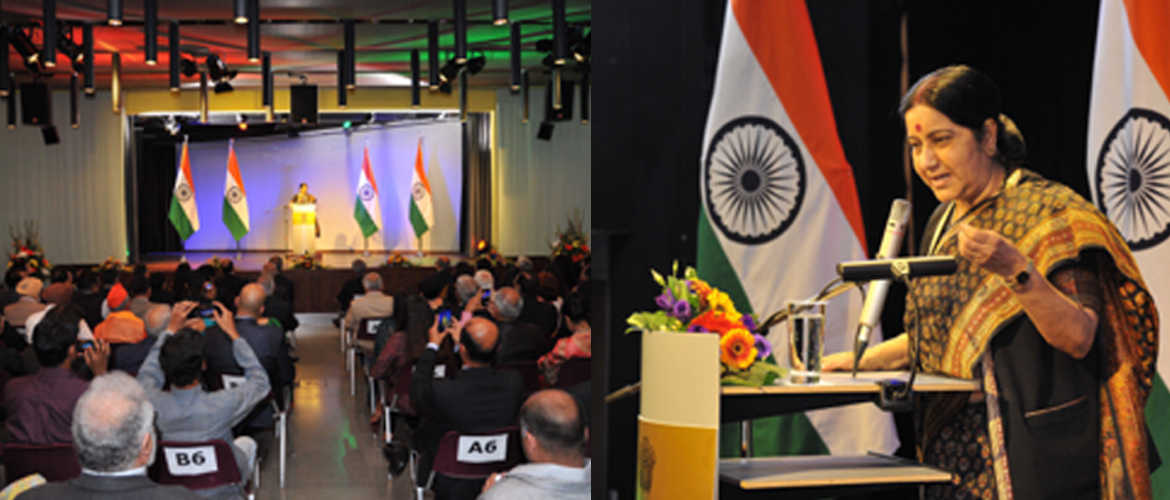  Smt. Sushma Swaraj, Minister of External Affairs addressing Indian community in Berlin on 26.08.2015