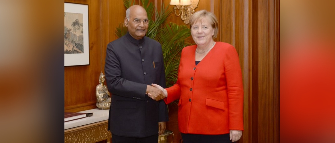  President Ram Nath Kovind and Former Chancellor Angela Merkel during her visit to India for the 5th India-Germany<br> Inter-Governmental Consultations, 1 November 2019