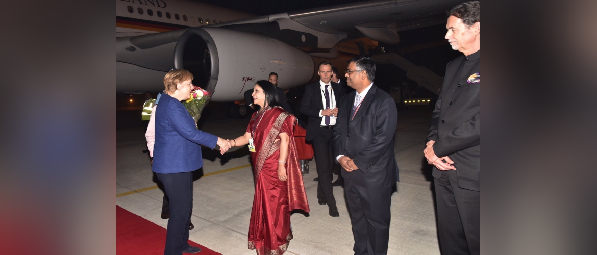  Former German Chancellor Dr. Angela Merkel on her arrival in Delhi for the 5th India-Germany Inter-Governmental Consultations,<br> 1 November 2019